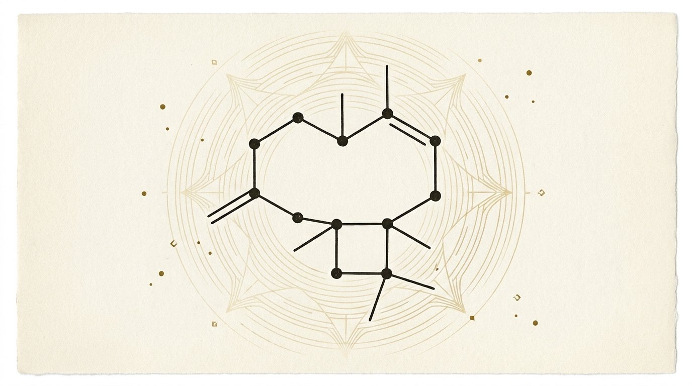 Line drawing of the beta-caryophyllene molecule, a nine-membered ring fused to a four-membered ring
